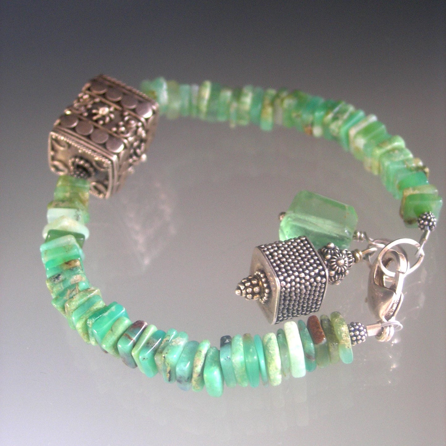 Chrysoprase and Sterling Silver Chunky Bracelet w/ Large Bali Ornate Bead