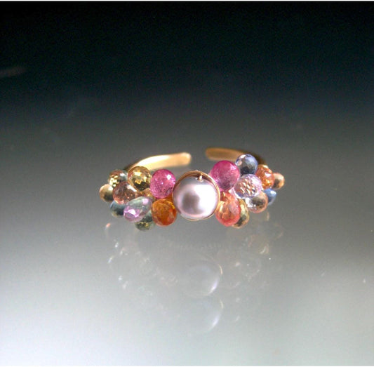 Sapphire Encrusted Pearl 14k Gold Filled Ring Size 5