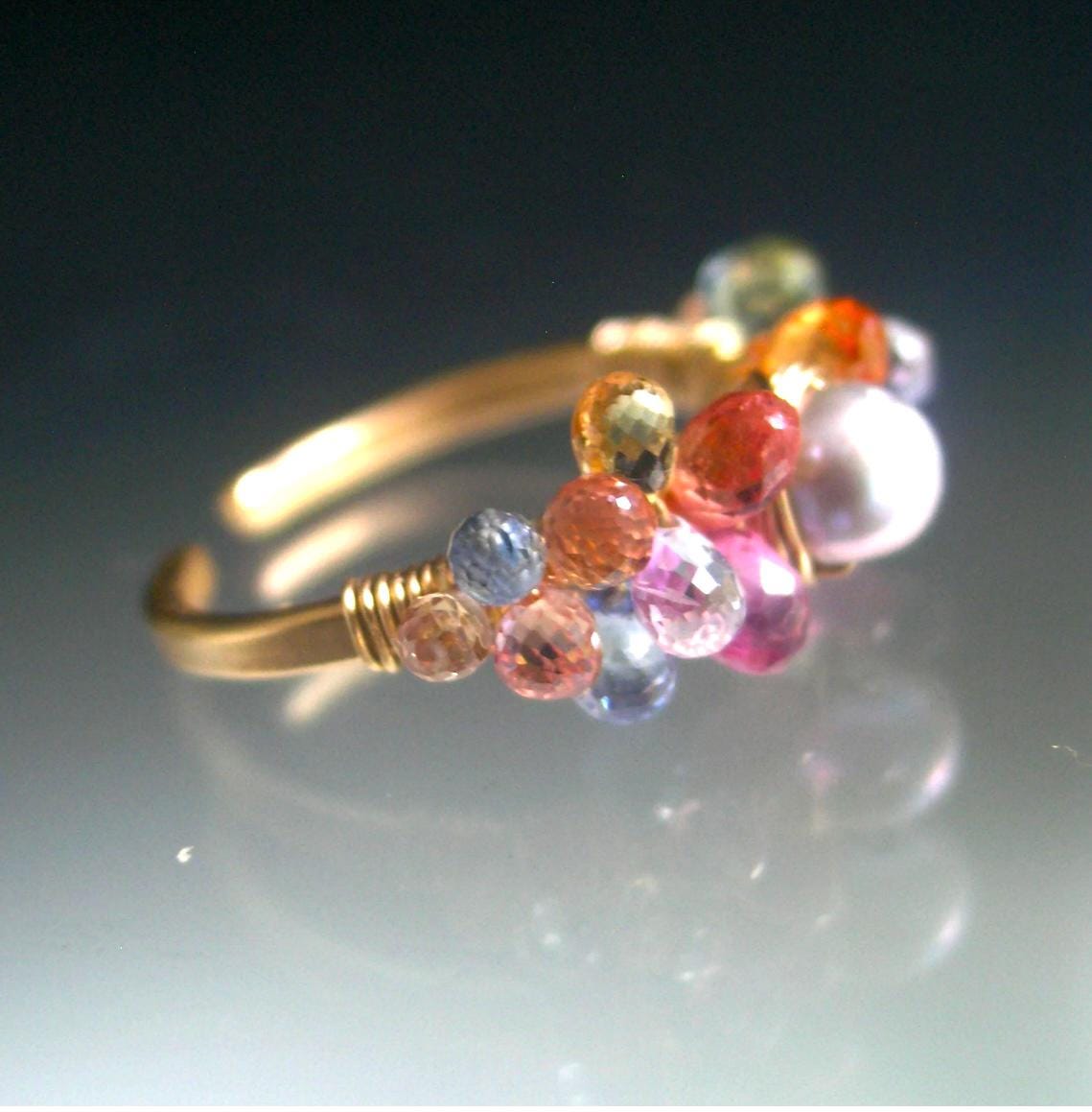 Sapphire Encrusted Pearl 14k Gold Filled Ring Size 5