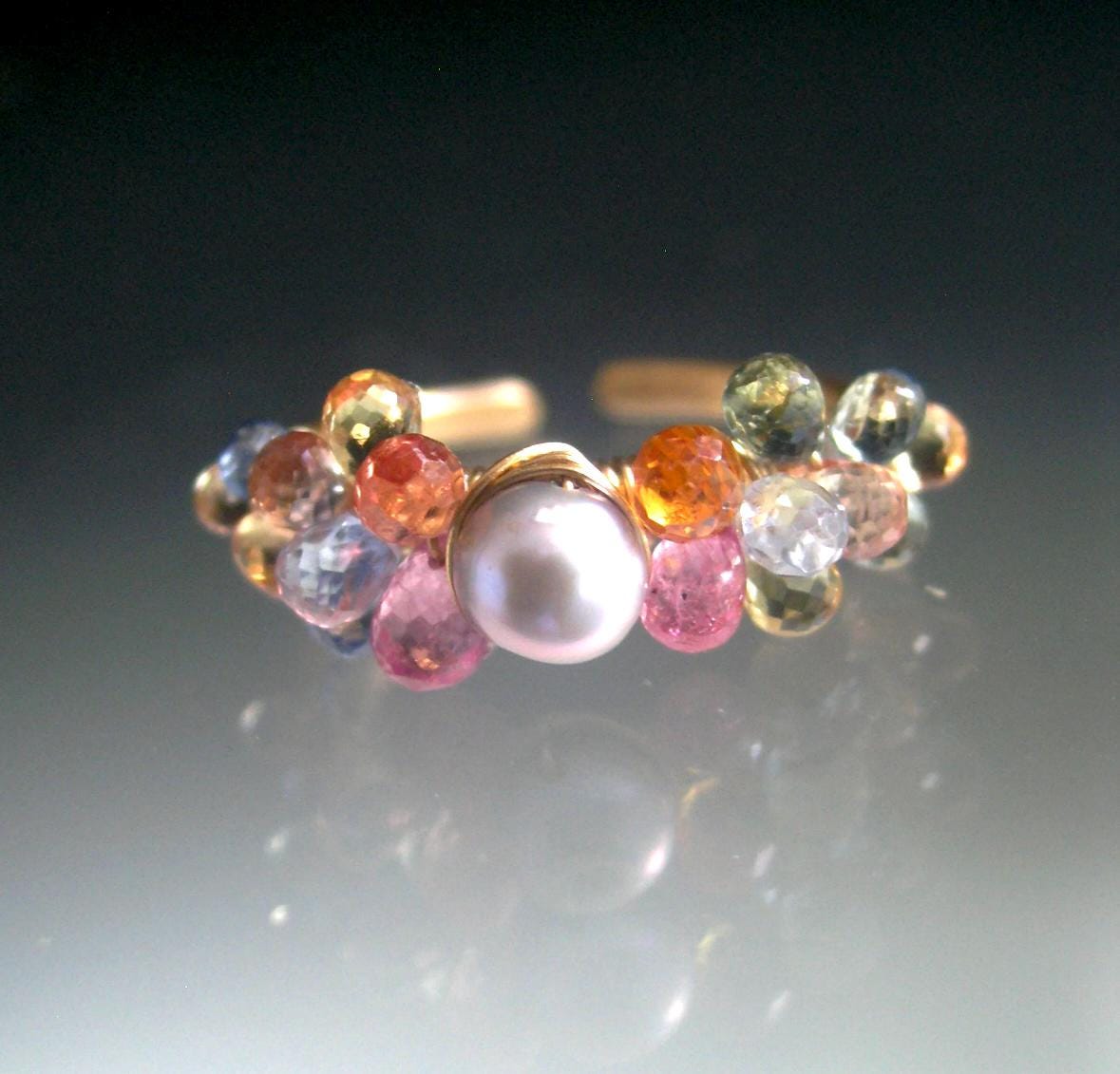 Sapphire Encrusted Pearl 14k Gold Filled Ring Size 5