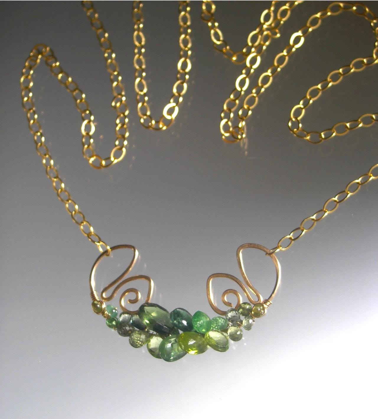 Green Gemstone Sculptural Gold Filled Lotus Necklace