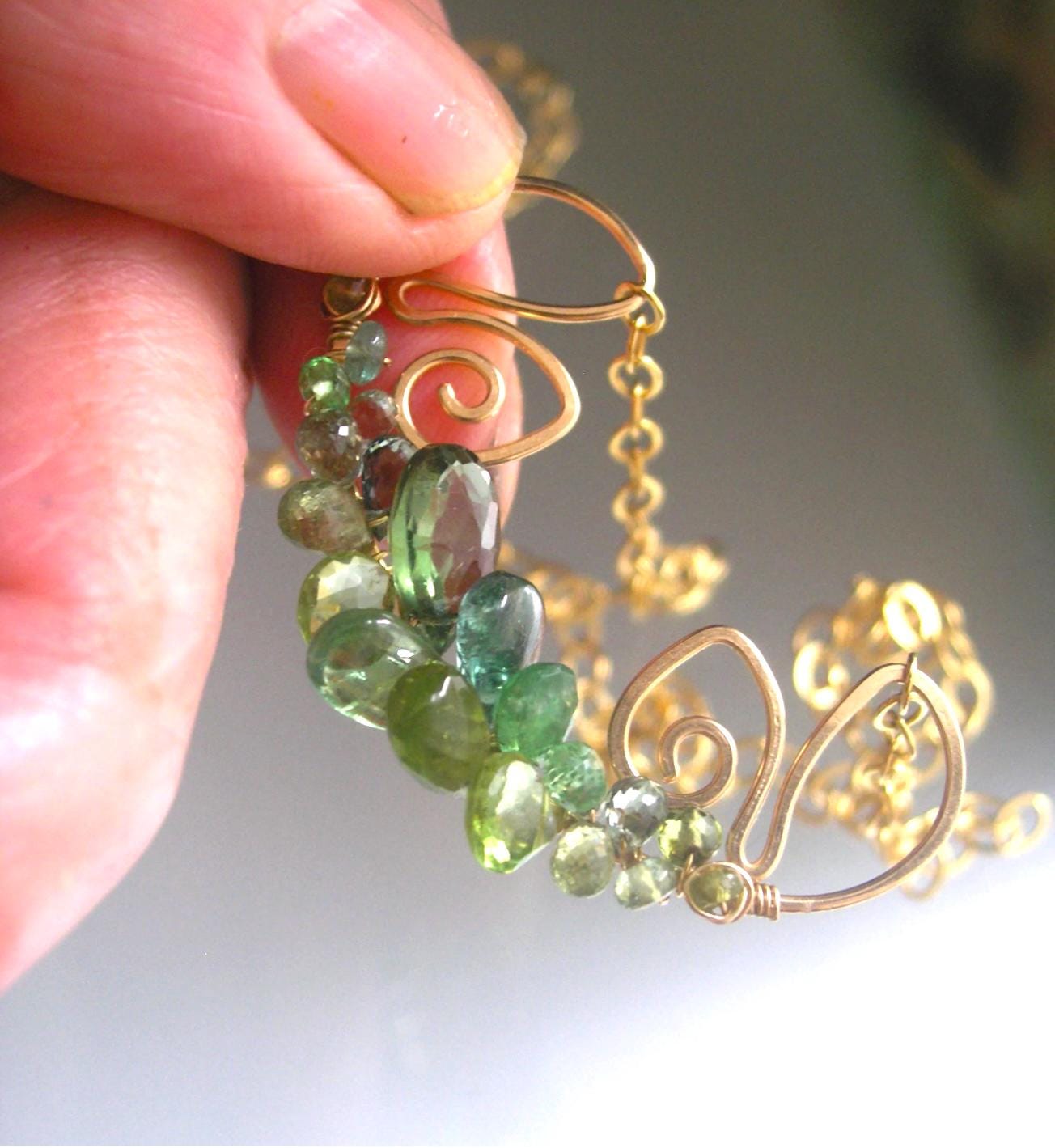 Green Gemstone Sculptural Gold Filled Lotus Necklace