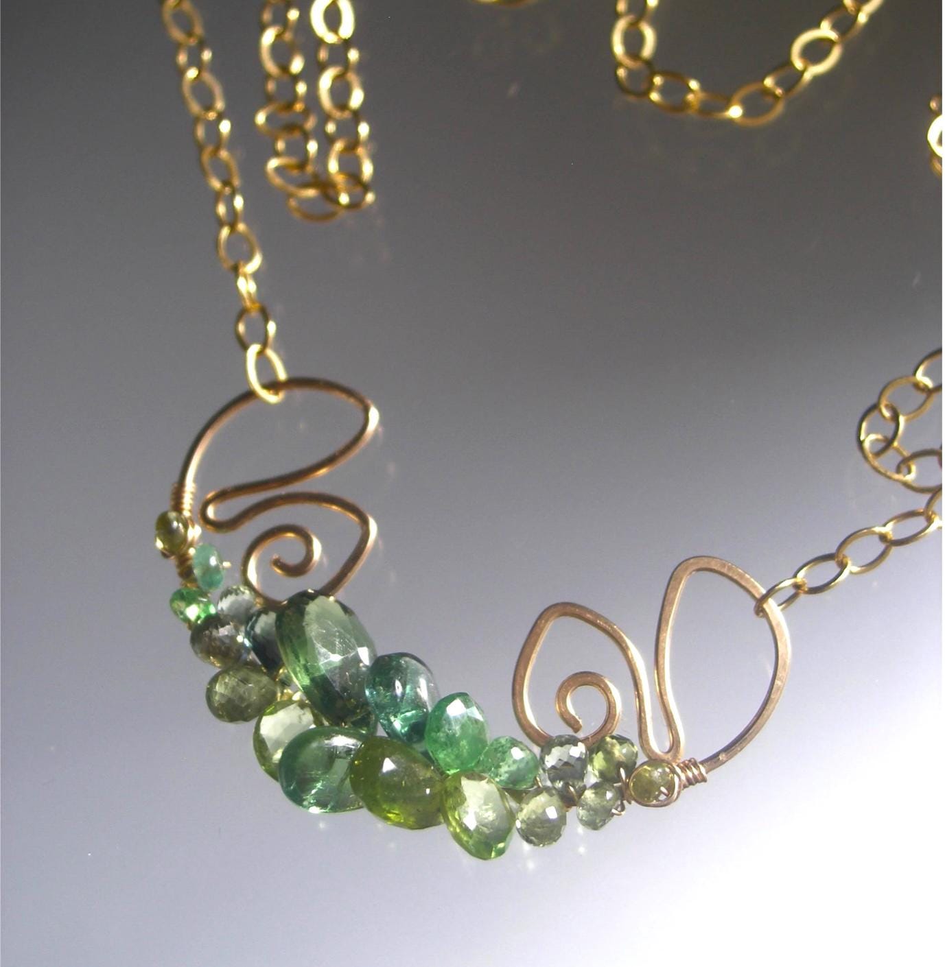 Green Gemstone Sculptural Gold Filled Lotus Necklace