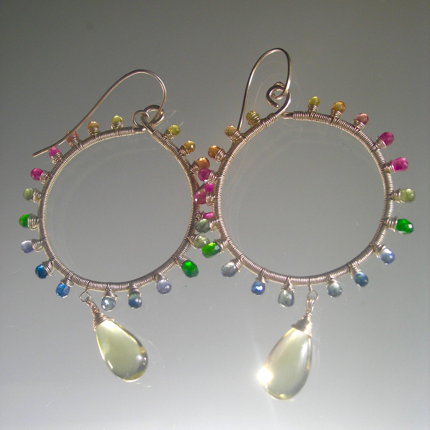 Multi Sapphire Sunburst Sterling Silver Hoops