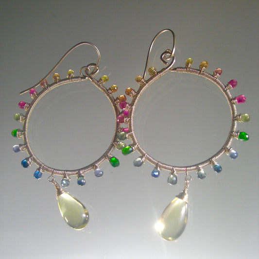 Multi Sapphire Sunburst Sterling Silver Hoops