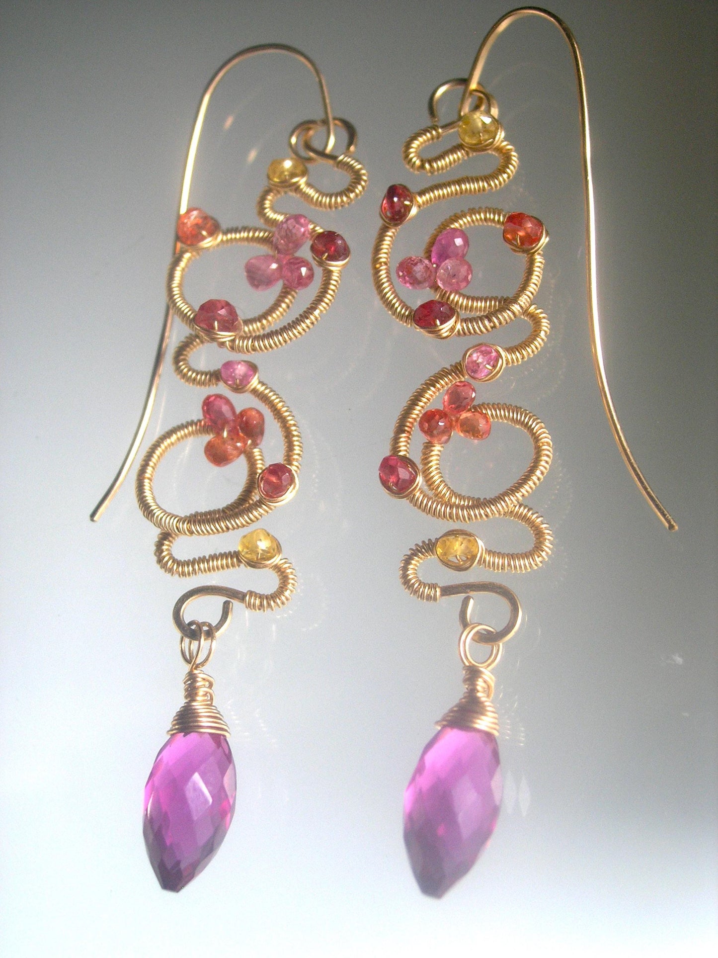 14k Gold Filled Pink Sapphire Sculptural Earrings 3 1/4”