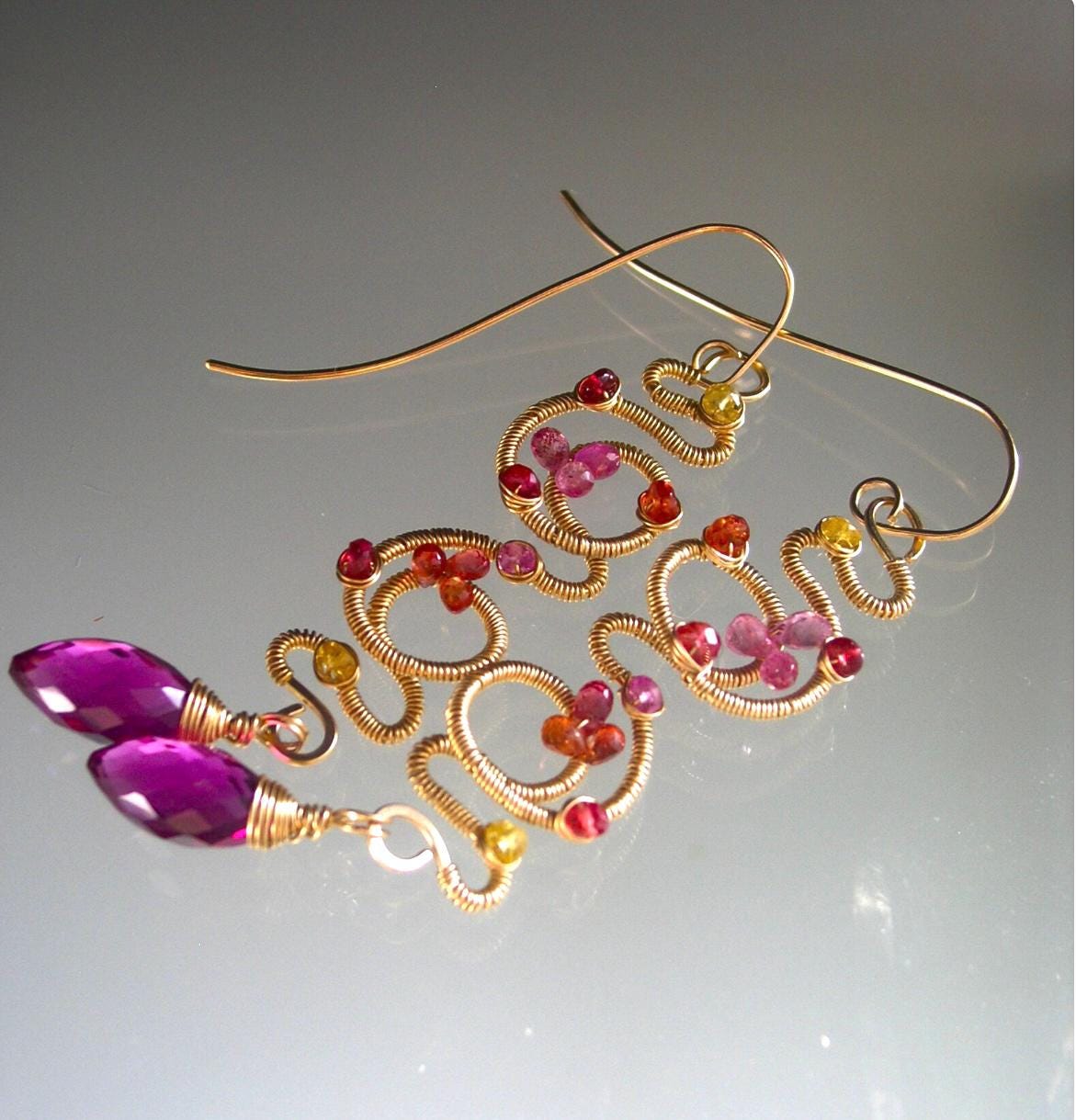 14k Gold Filled Pink Sapphire Sculptural Earrings 3 1/4”