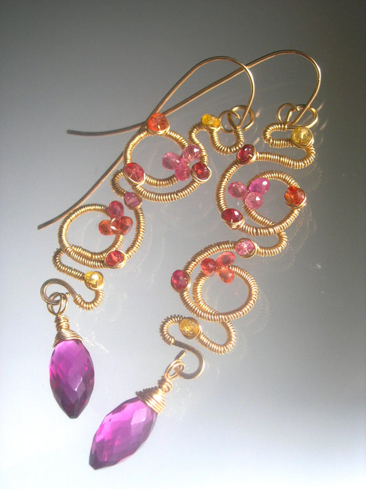 14k Gold Filled Pink Sapphire Sculptural Earrings 3 1/4”
