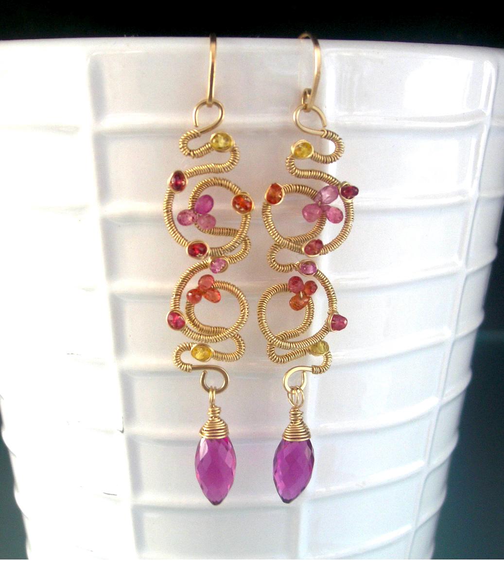 14k Gold Filled Pink Sapphire Sculptural Earrings 3 1/4”