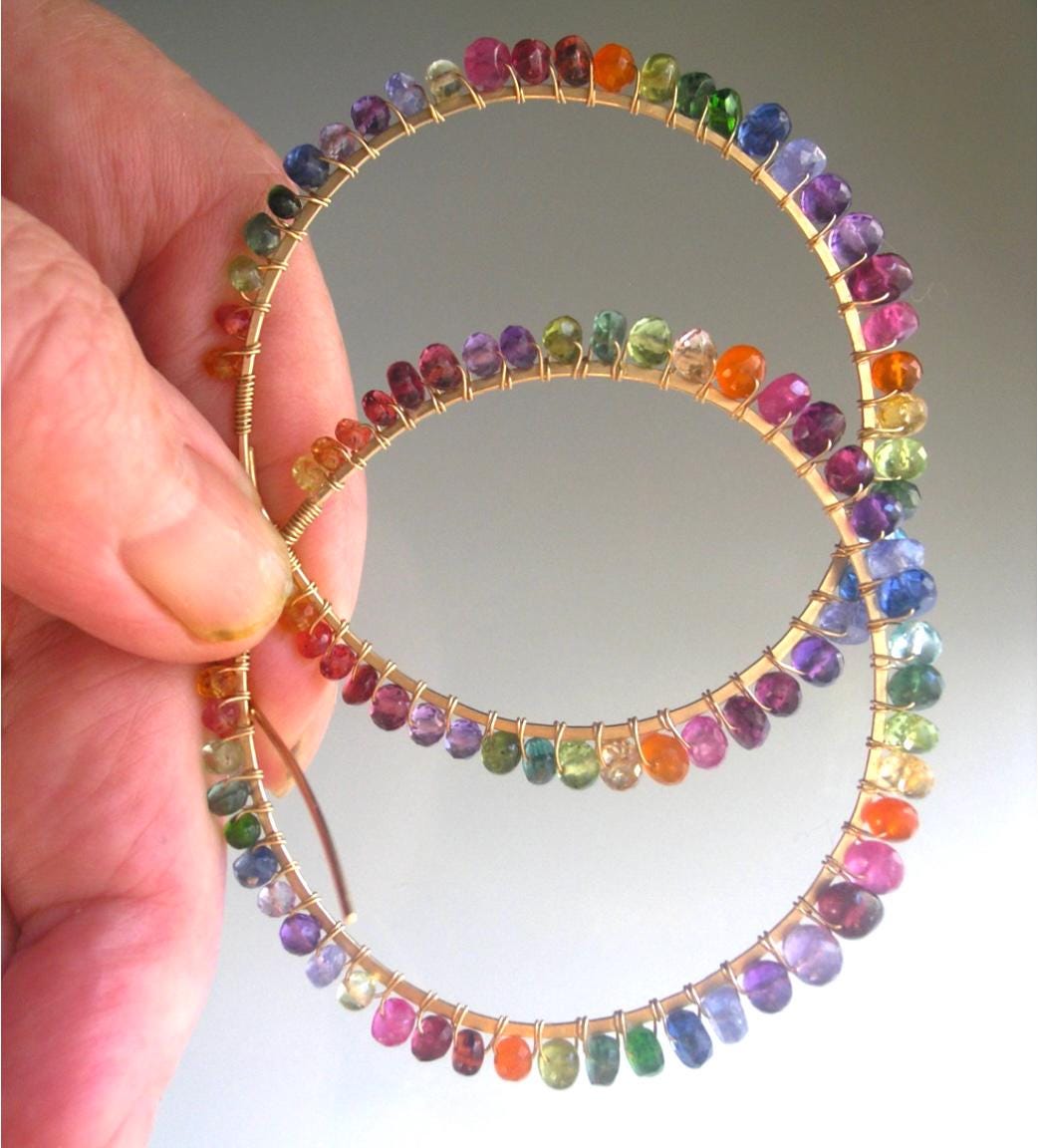 14k Gold Filled Front Facing Multi Gemstone Hoop Earrings