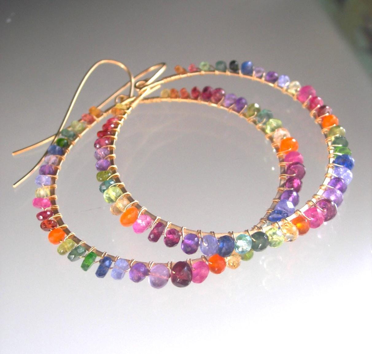 14k Gold Filled Front Facing Multi Gemstone Hoop Earrings