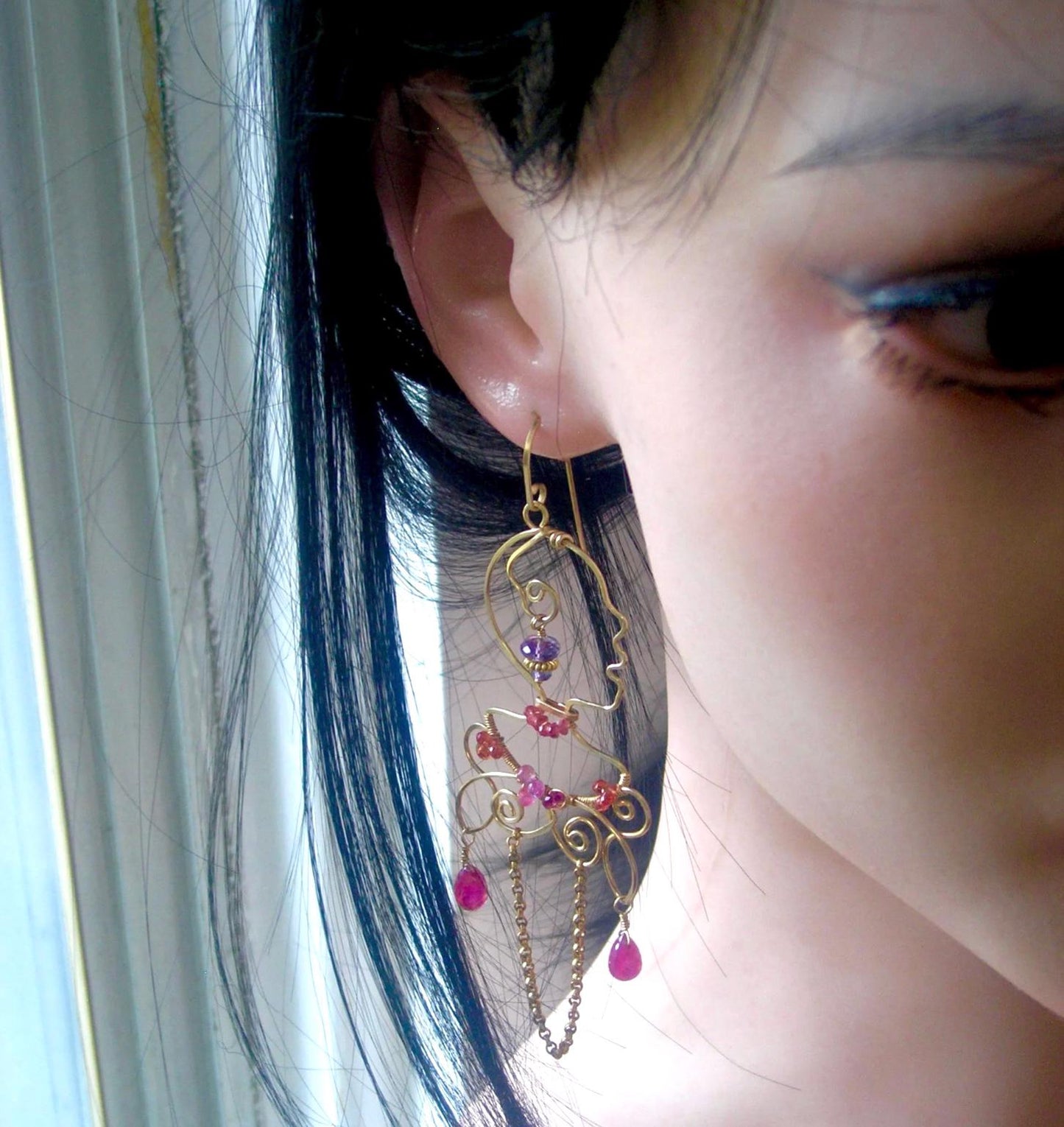 Sculptural Face Profile Sapphire Earrings in 14k Gold Fill