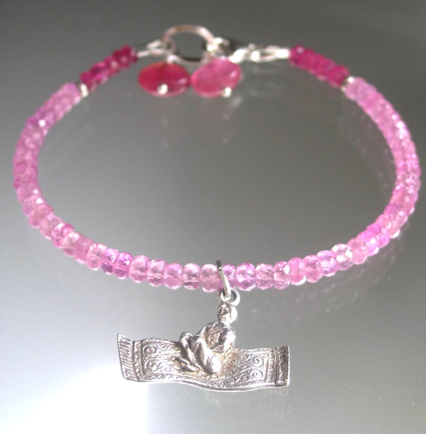 Pink Sapphire Bracelet w/ Vintage 3-D Man on Magic Flying Carpet Charm