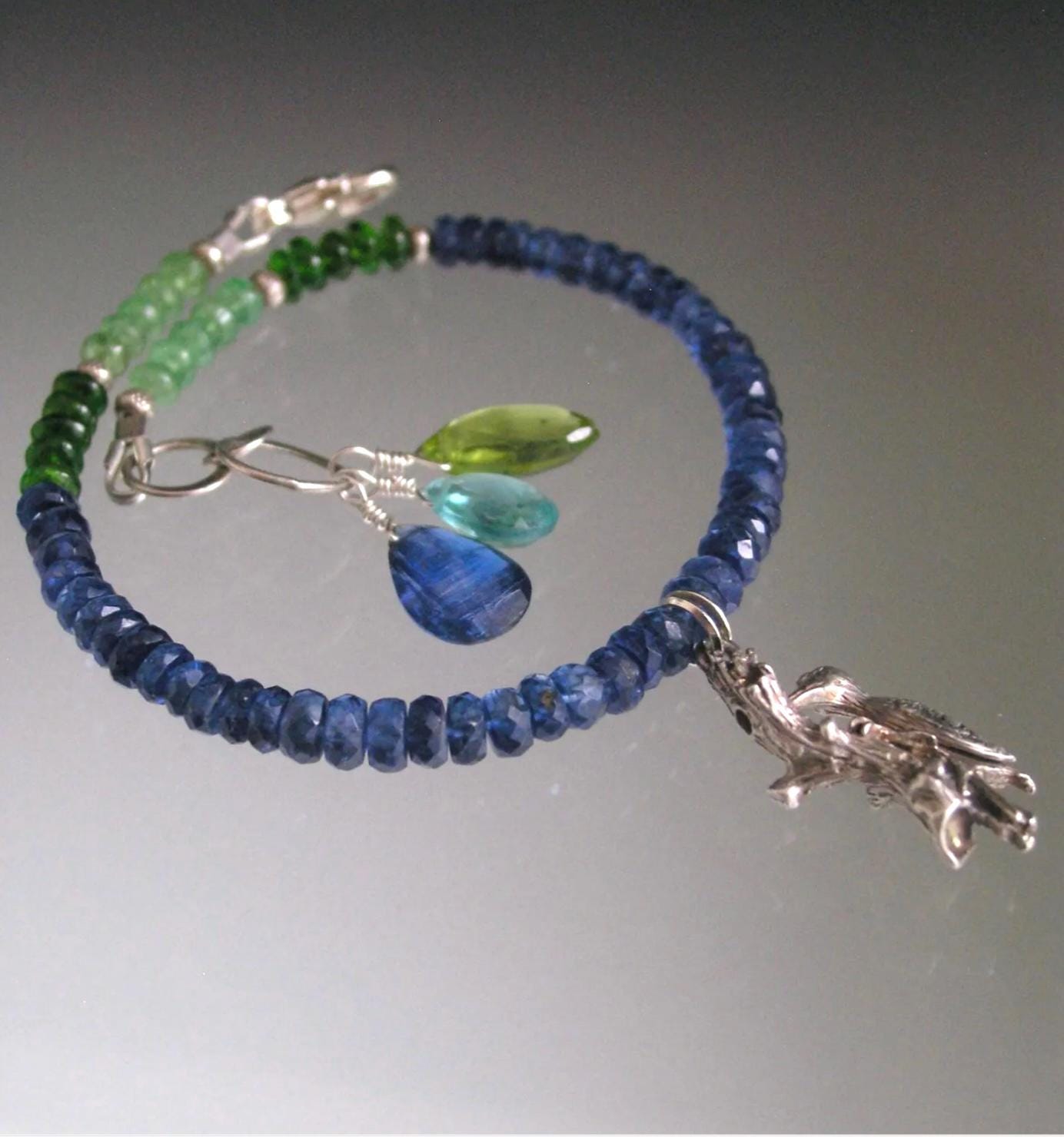 Kyanite Bracelet w/ Vintage Movable Sterling Woodpecker Charm