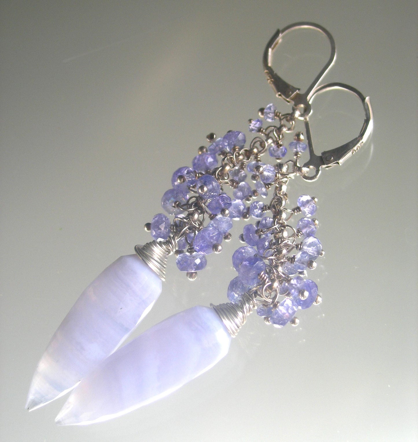 Blue Lace Agate Tassel Earrings w/ Tanzanite Sterling Silver Lever Backs