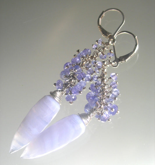 Blue Lace Agate Tassel Earrings w/ Tanzanite Sterling Silver Lever Backs