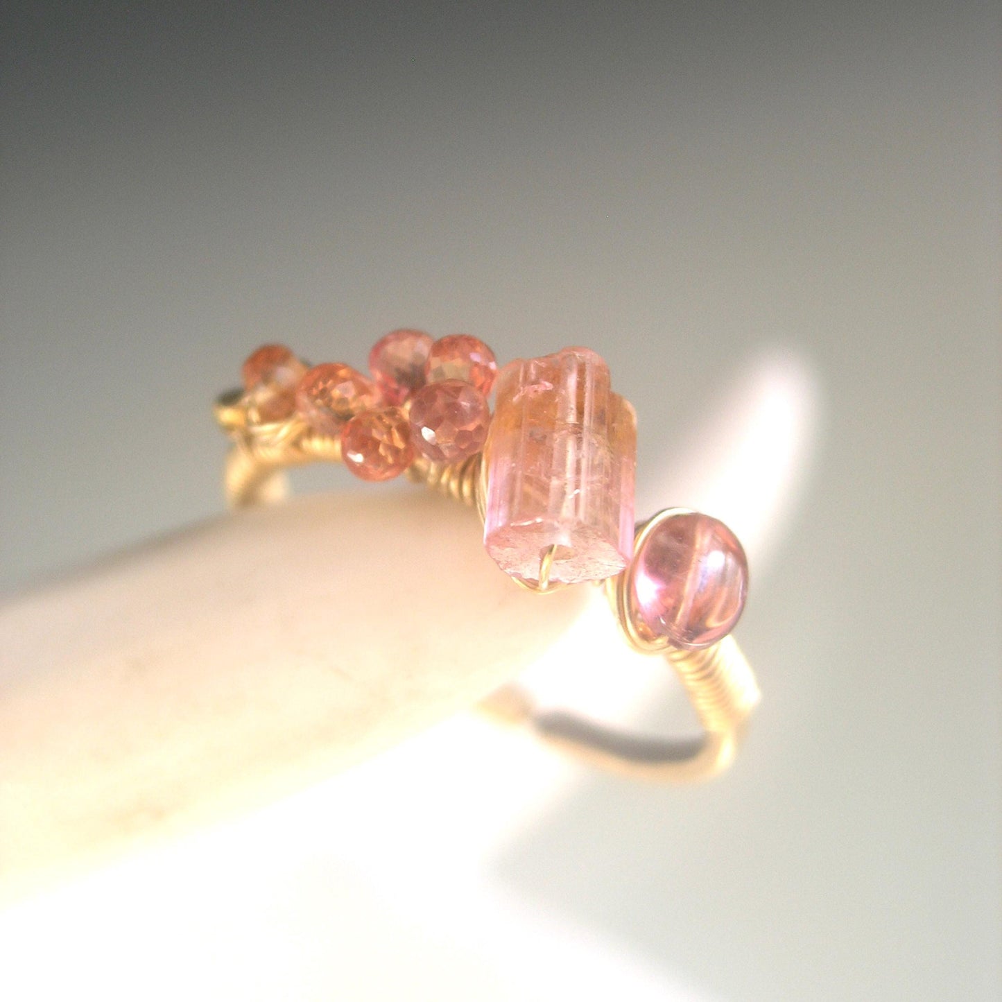 Raw Tourmaline Melon Sapphire Ring in 14k Gold Fill Size 8