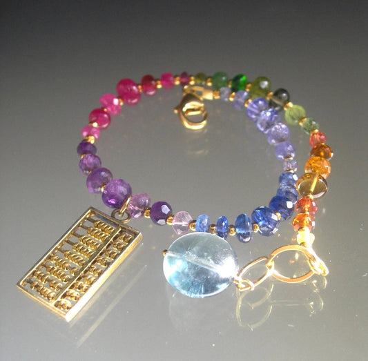 Rainbow Gemstone Vermeil Bracelet w/ Vintage Abacus Charm