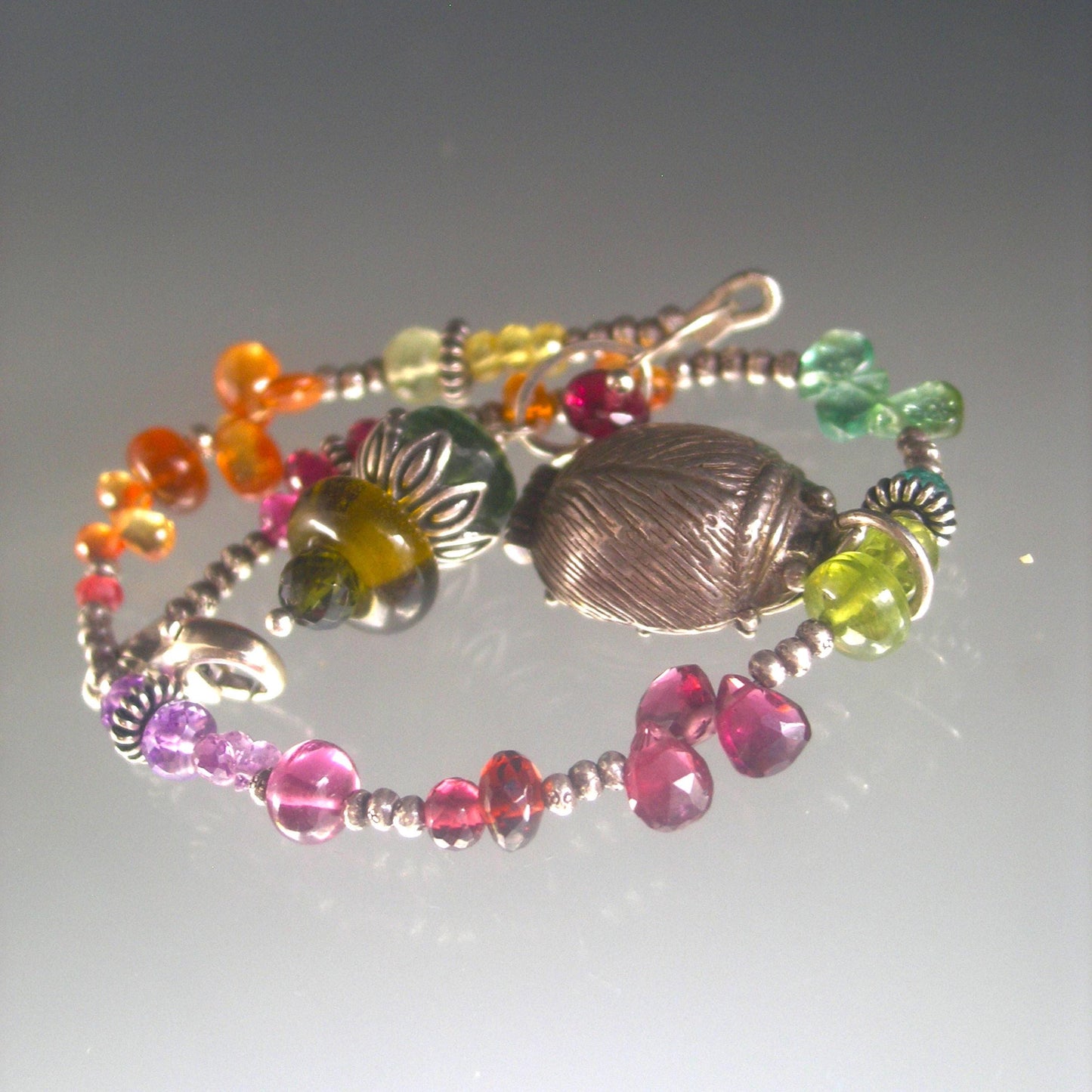 Multi Gemstone Sterling Bracelet w/ Vintage Beatles Charm Opens to the Fab Four