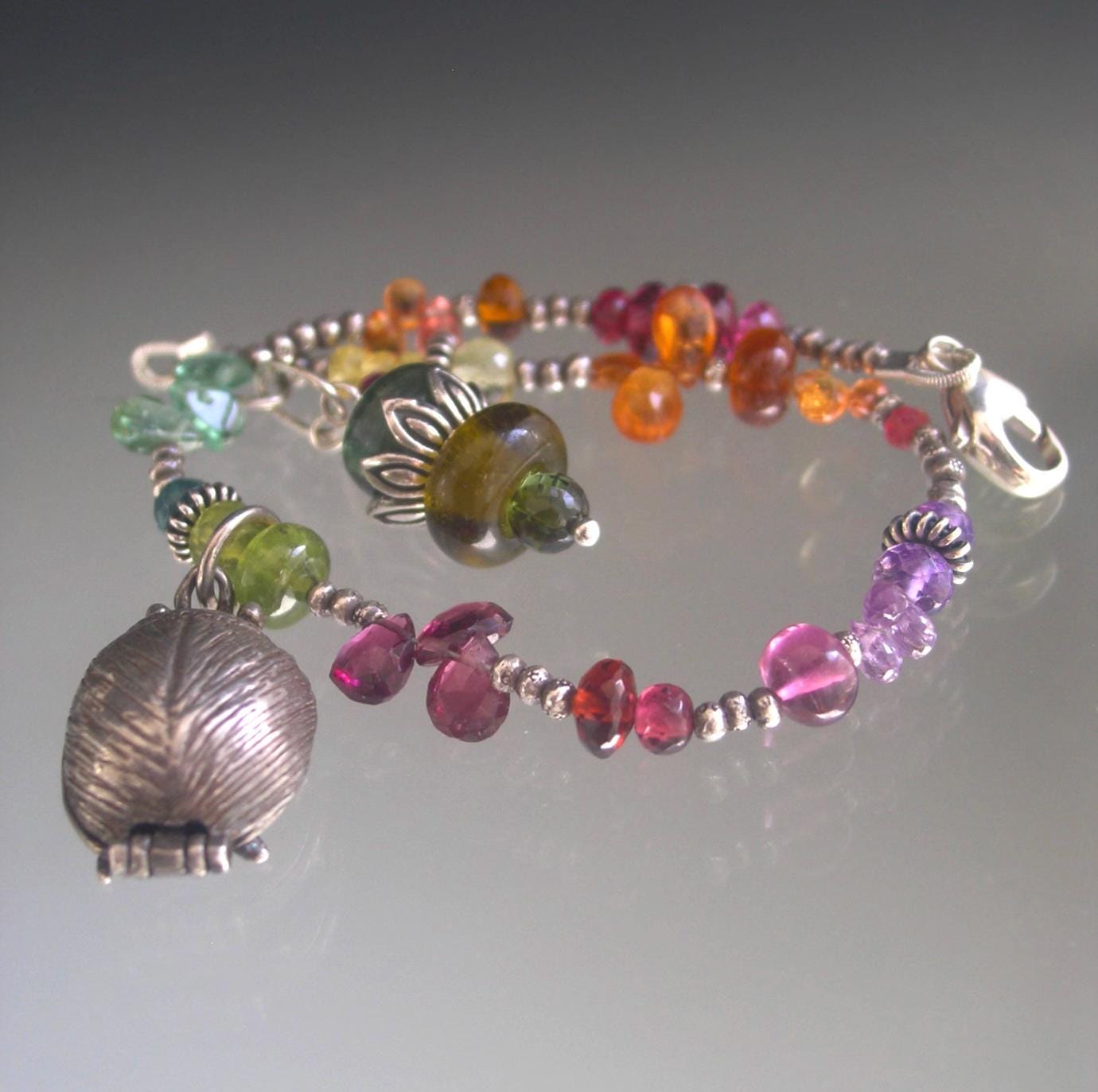 Multi Gemstone Sterling Bracelet w/ Vintage Beatles Charm Opens to the Fab Four