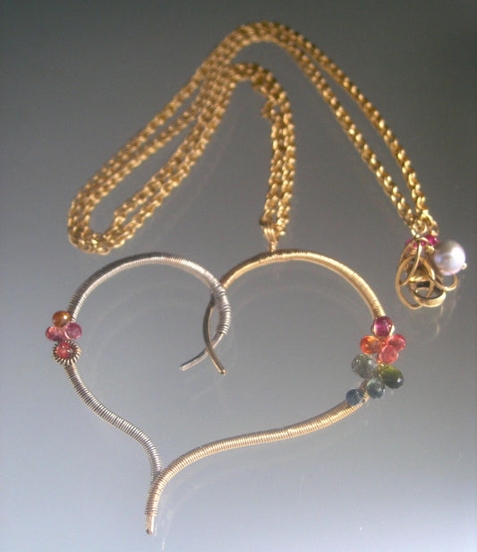 Stylized Heart Pendant Mixed Metal Sapphire Necklace