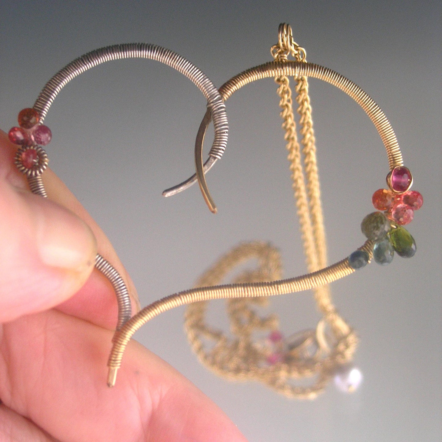 Stylized Heart Pendant Mixed Metal Sapphire Necklace