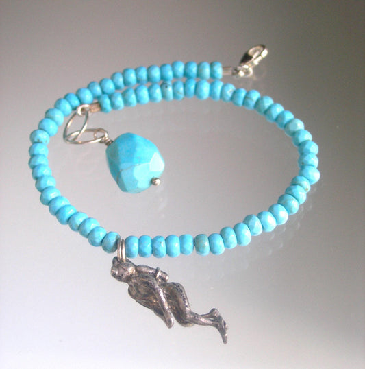 Vintage Scuba Diver Charm Sterling Silver Turquoise Bracelet