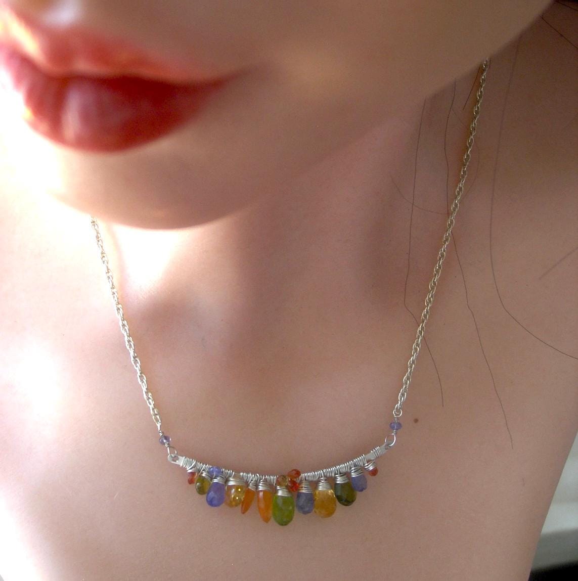 Multi Gemstone Sterling Curved Bar Necklace