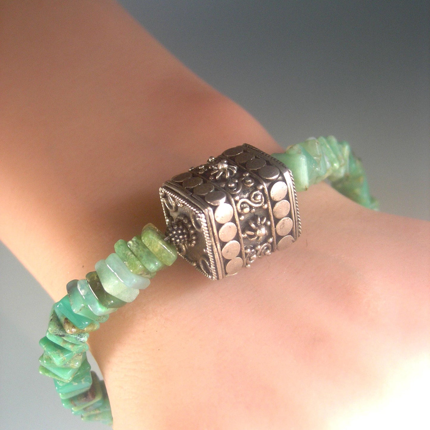 Chrysoprase and Sterling Silver Chunky Bracelet w/ Large Bali Ornate Bead