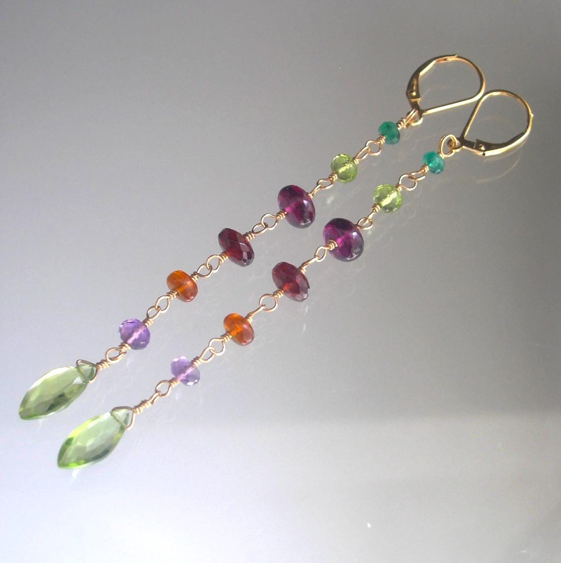 Multi Gemstone Linear Linked Earring Lever Backs 3 3/4”