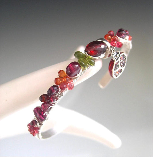 Garnet Sapphire Sterling Cuff w/ Pomegranate Charm