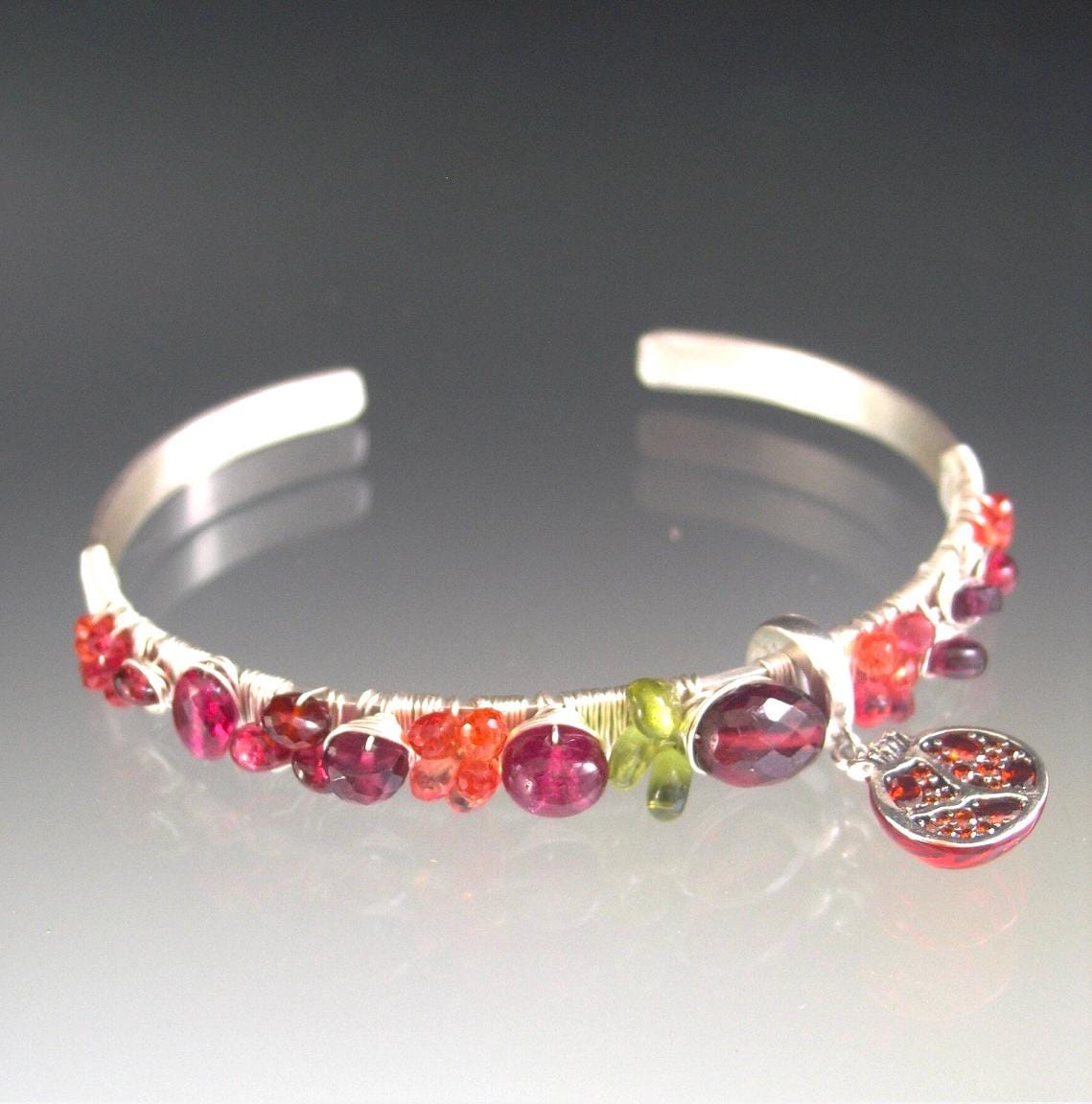 Garnet Sapphire Sterling Cuff w/ Pomegranate Charm
