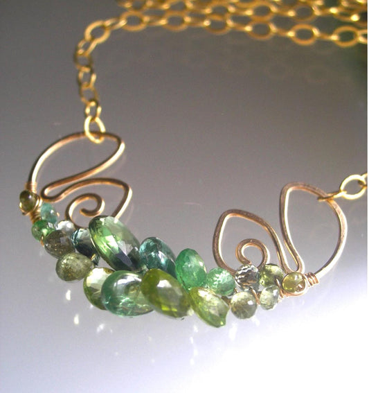 Green Gemstone Sculptural Gold Filled Lotus Necklace