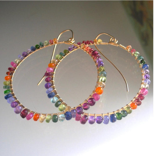 14k Gold Filled Front Facing Multi Gemstone Hoop Earrings