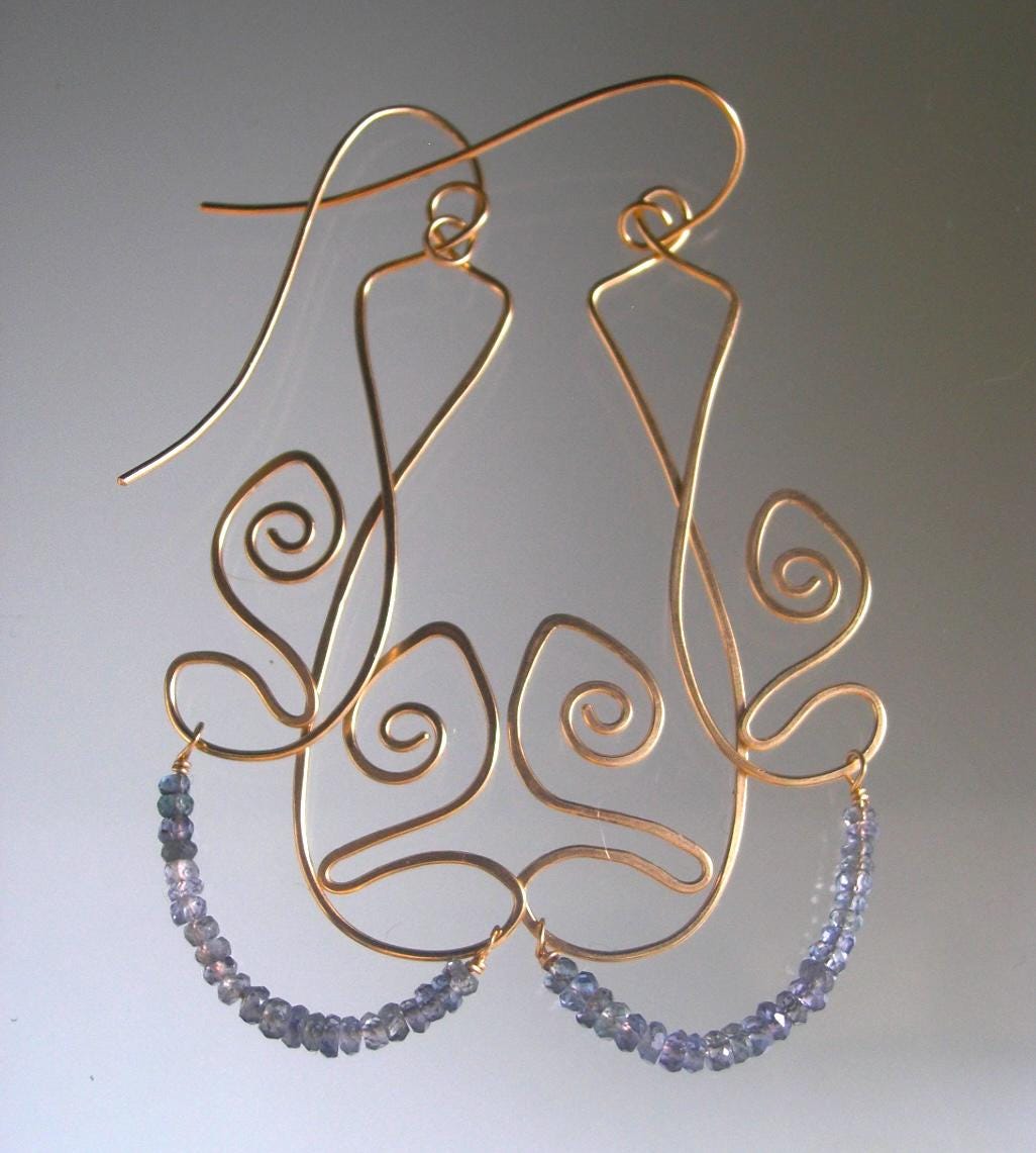 Sculptural 14k Gold Filled Gray Blue Sapphire Tribal Earrings