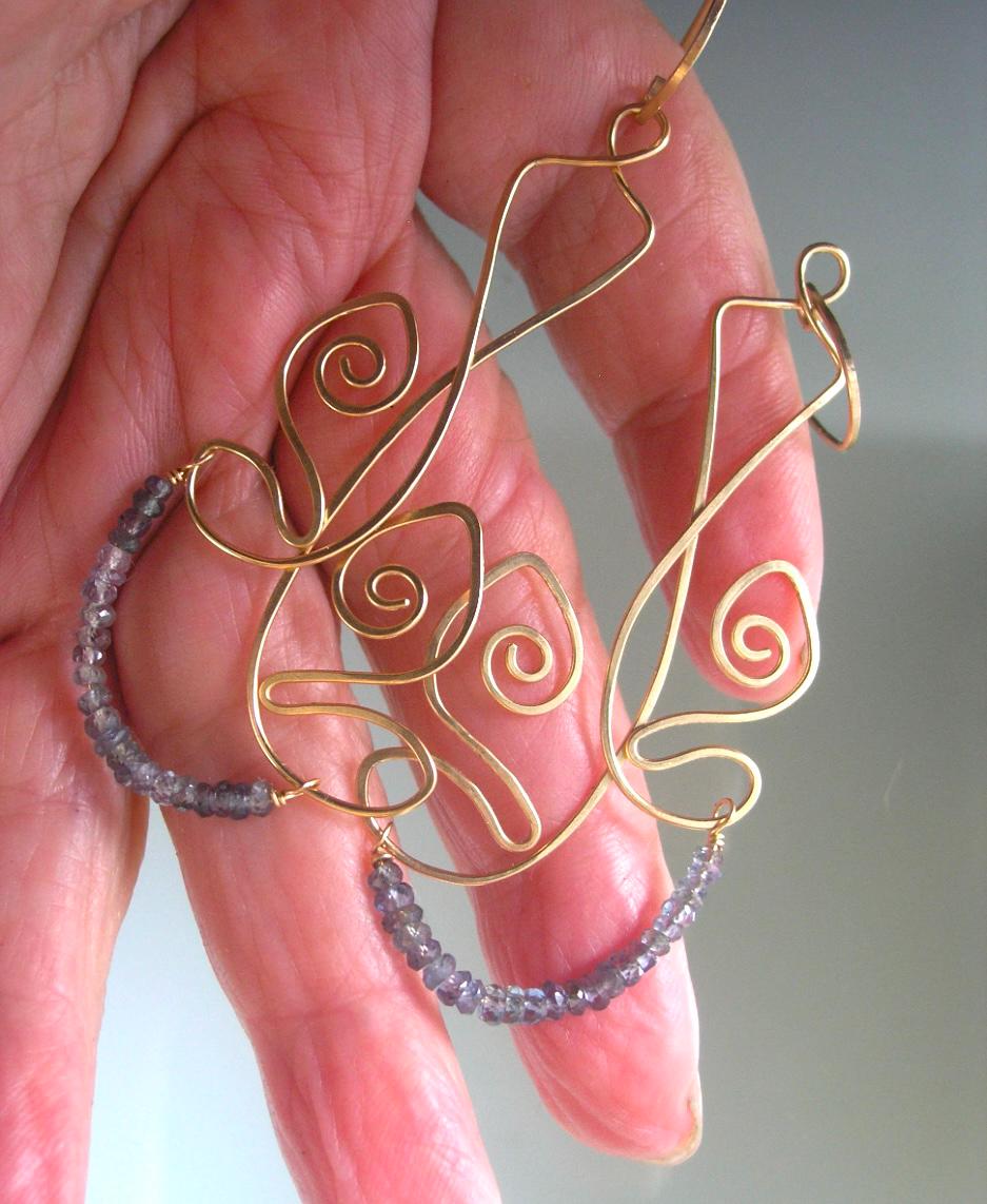 Sculptural 14k Gold Filled Gray Blue Sapphire Tribal Earrings