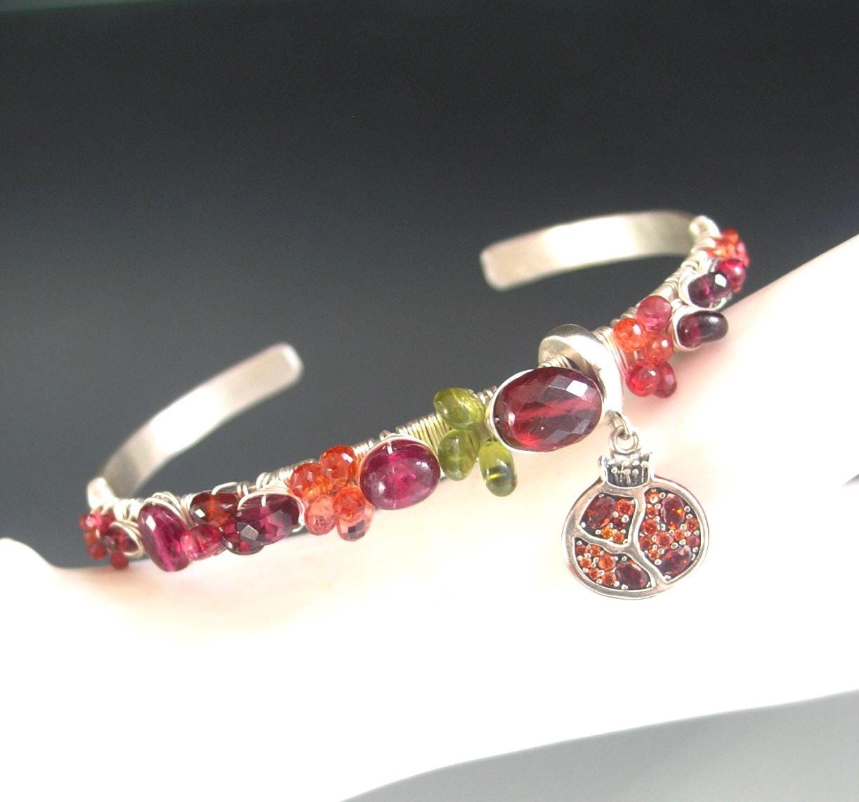 Garnet Sapphire Sterling Cuff w/ Pomegranate Charm
