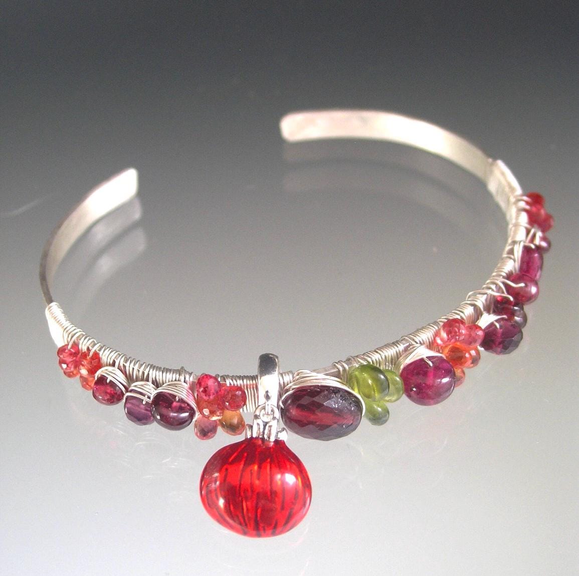 Garnet Sapphire Sterling Cuff w/ Pomegranate Charm