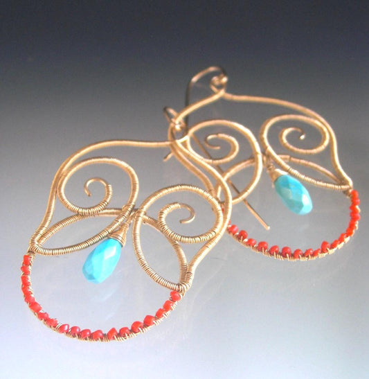 Turquoise 14k Gold Filled Sculptural Chandelier Earrings w/ Coral