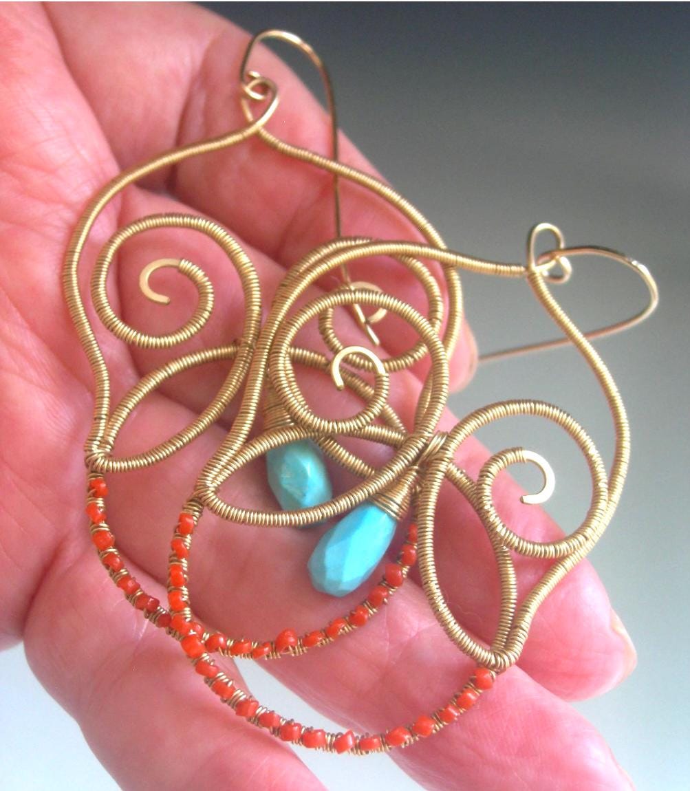 Turquoise 14k Gold Filled Sculptural Chandelier Earrings w/ Coral