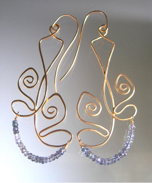 Sculptural 14k Gold Filled Gray Blue Sapphire Tribal Earrings