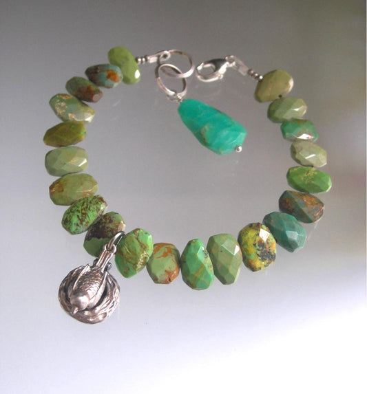 Green Turquoise Bracelet w/ Vintage Silver Movable Bird on Nest Charm