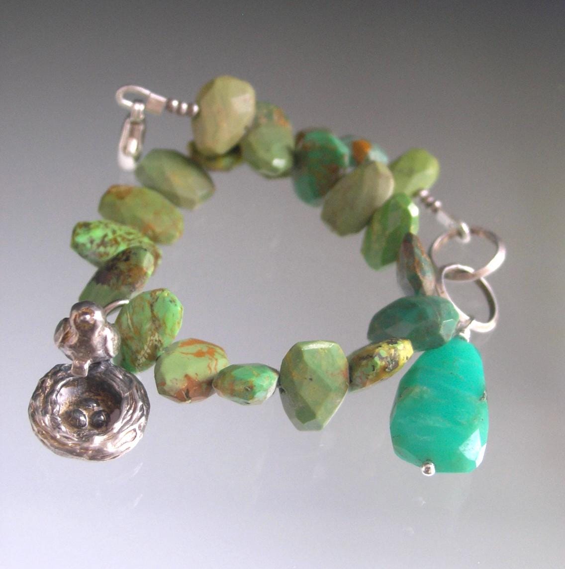 Green Turquoise Bracelet w/ Vintage Silver Movable Bird on Nest Charm