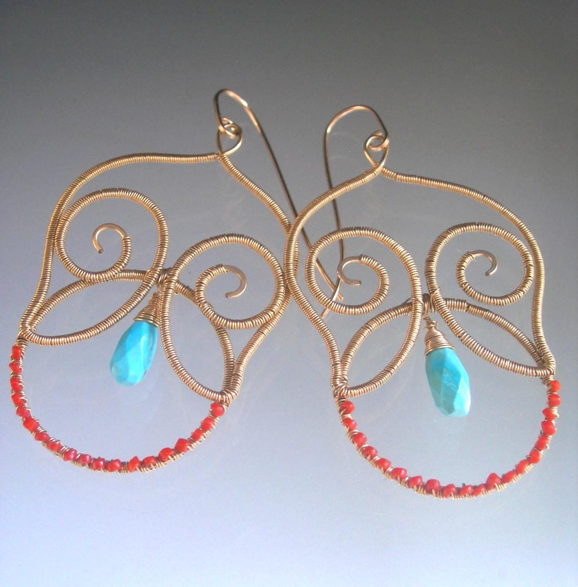 Turquoise 14k Gold Filled Sculptural Chandelier Earrings w/ Coral