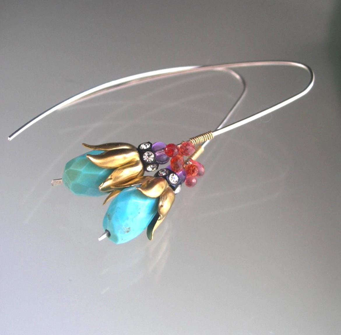 Turquoise Earrings Mixed Elements Earrings 2 1/8”