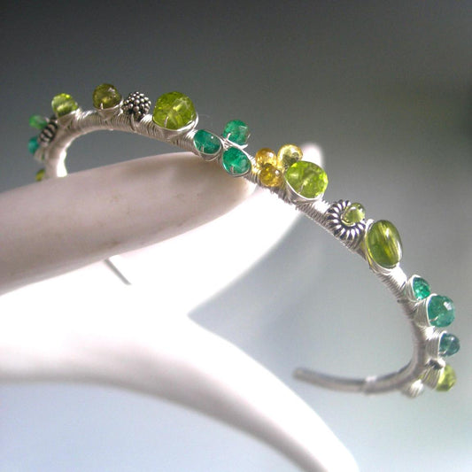 Multi Green Gemstone Sterling Cuff