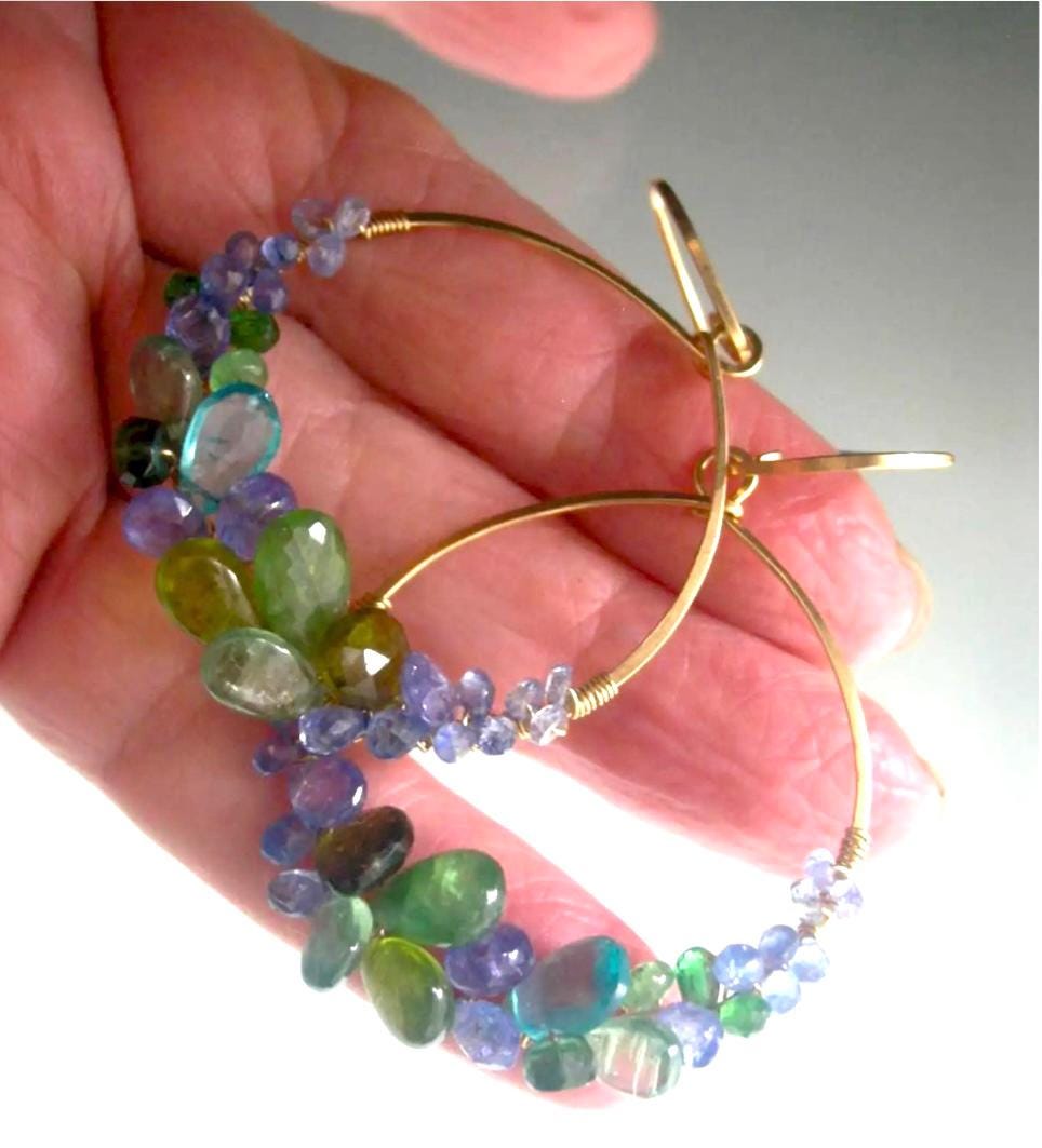 Green Blue Gemstone 14K Gold Filled Hoops