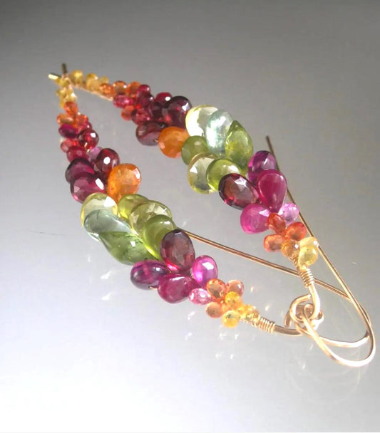 Long Multi Gemstone Earrings 14k Gold Filled Curved Earrings