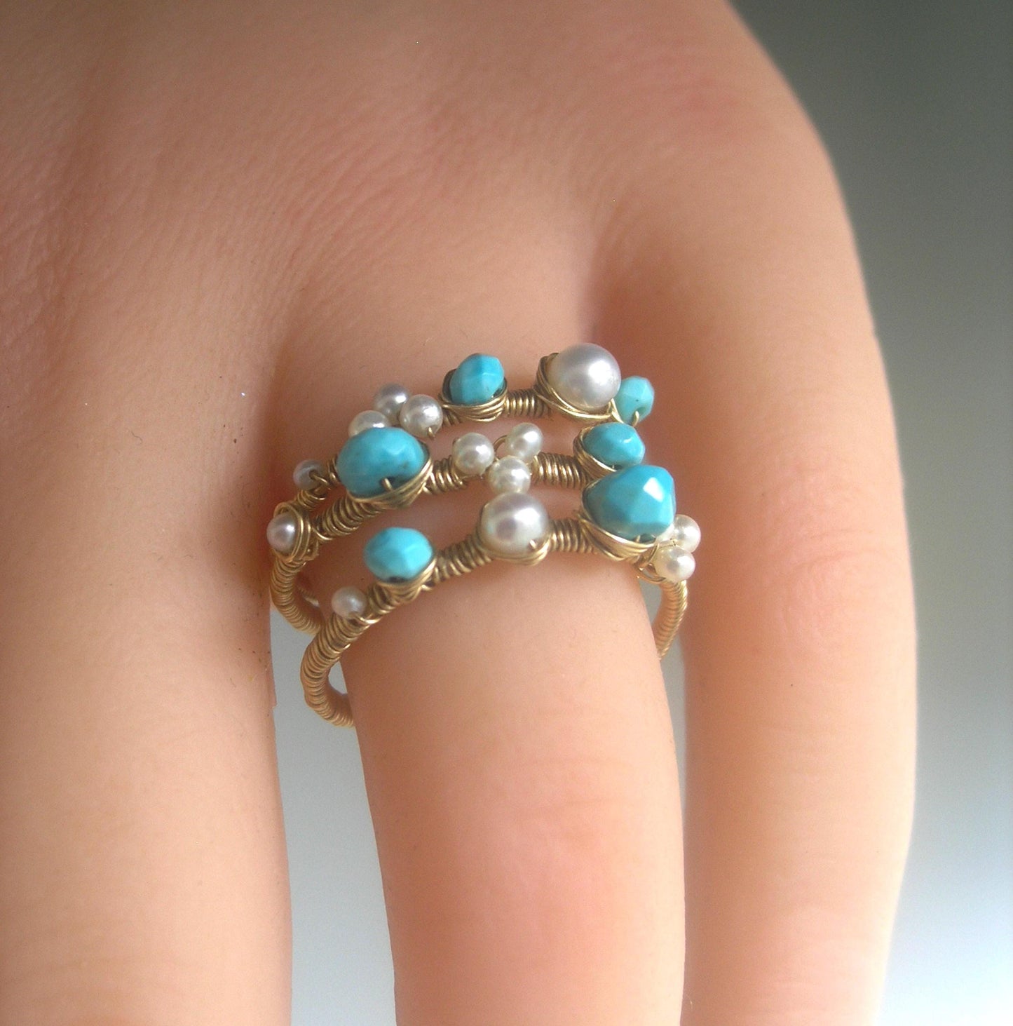 Turquoise Pearl 14k Gold Filled Wraparound Ring 7 1/2”