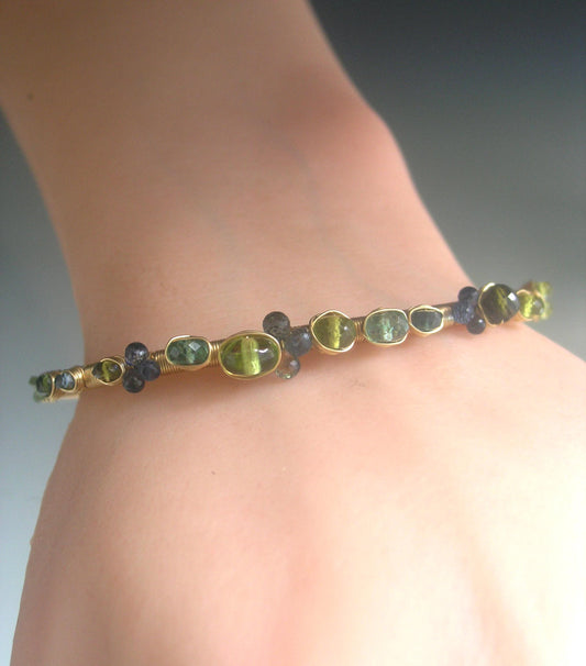 14k Solid Gold Sapphire Tsavorite Gemstone Cuff